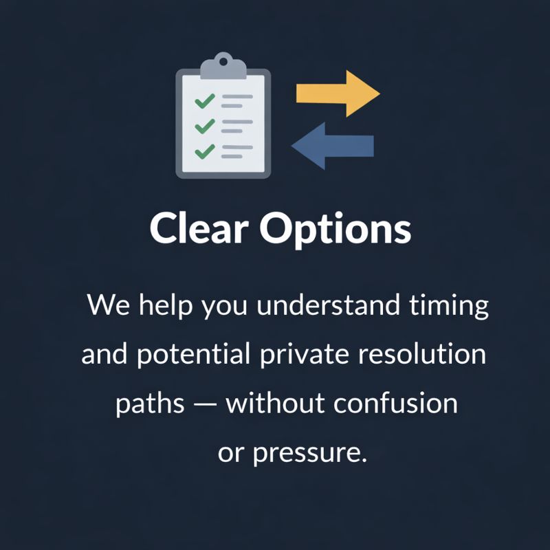 Clear Options – Understand timing and private resolution paths without pressure